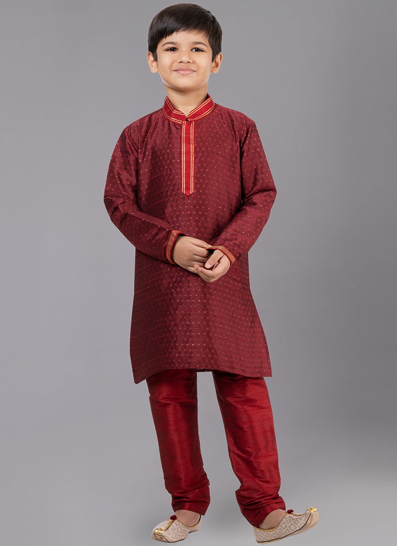 Maroon Cotton Kids Kurta Pyjama Festive Wear