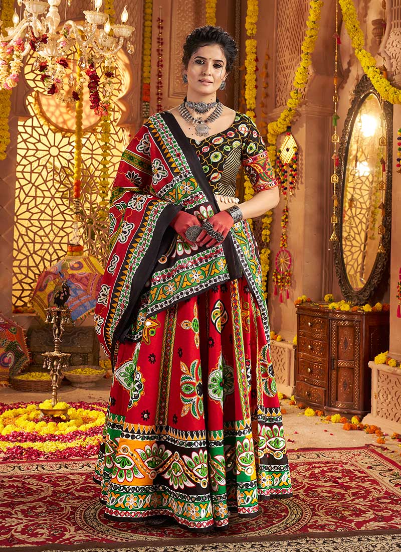 Maroon Cotton Kutch Work And Foil Mirror Chaniya Choli
