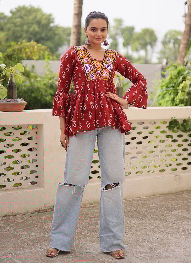 Maroon Cotton Mirror Work Peplum Top After Six Wear