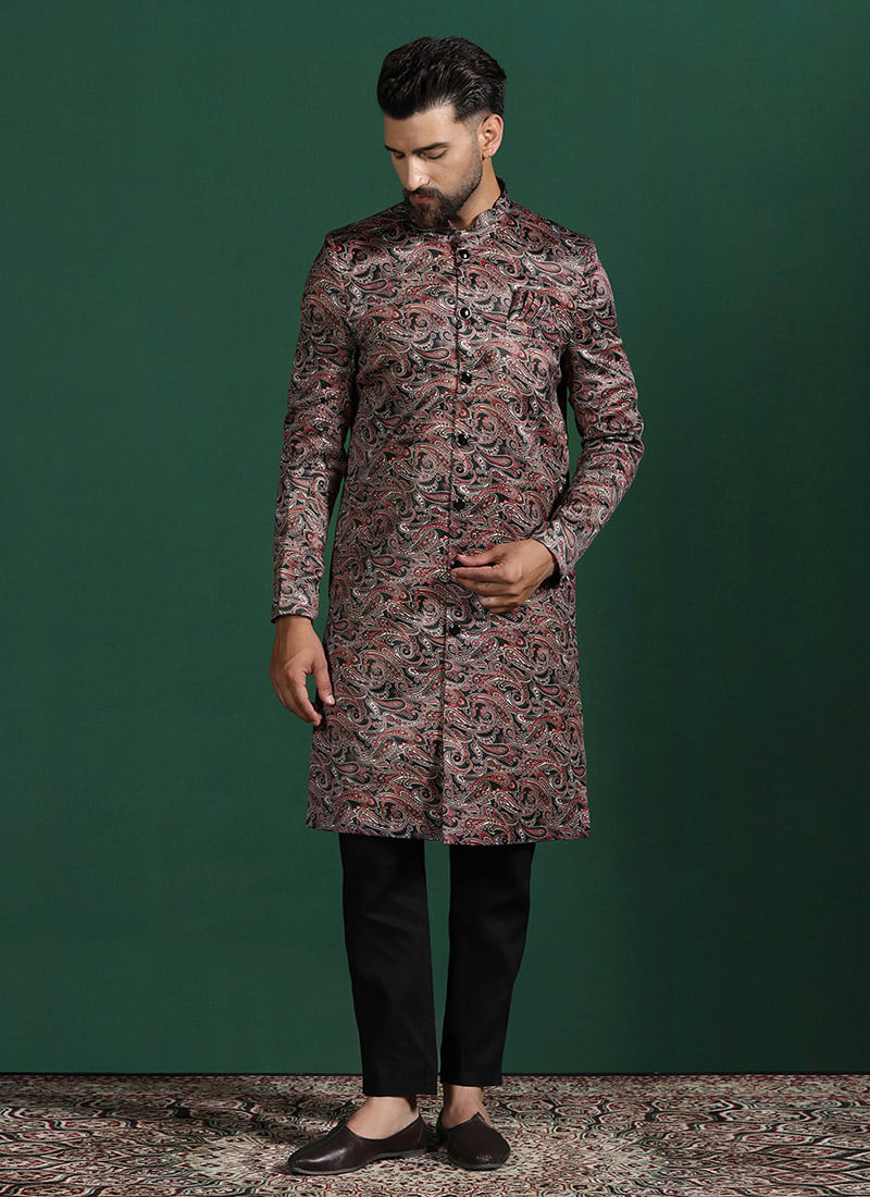Maroon Cotton Paisley Indowestern Sherwani Set Wedding Wear