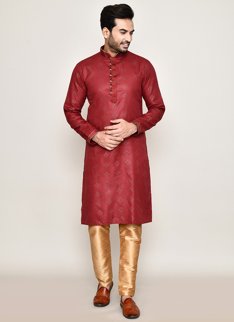 Maroon Cotton Print Foil Print Kurta Pyjama Festive Wear