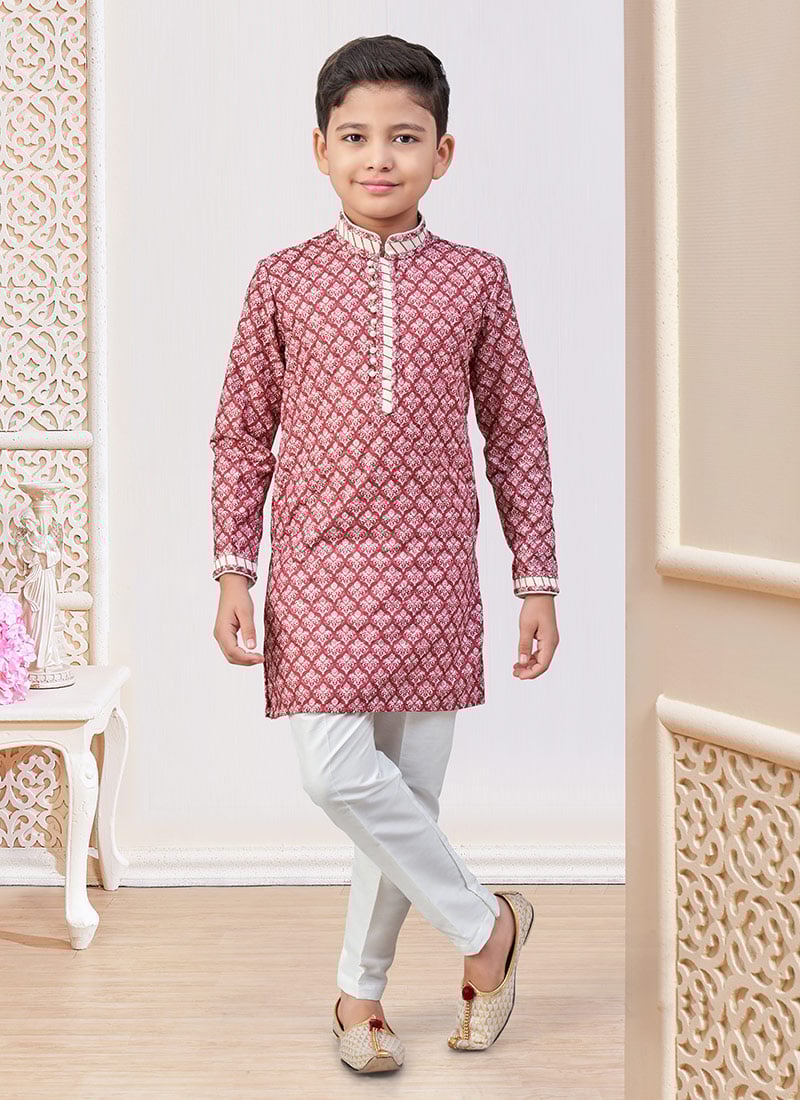 Maroon Cotton Printed And Chikankari Embroidered Boys Kurta Pyjama Festive Wear
