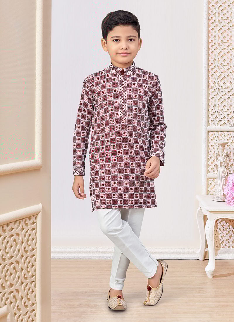 Maroon Cotton Printed And Chikankari Embroidered Boys Kurta Pyjama