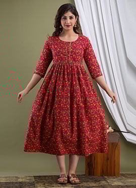 Maroon Cotton Printed Dress