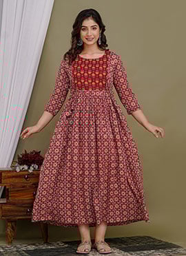 Maroon Cotton Printed Dress