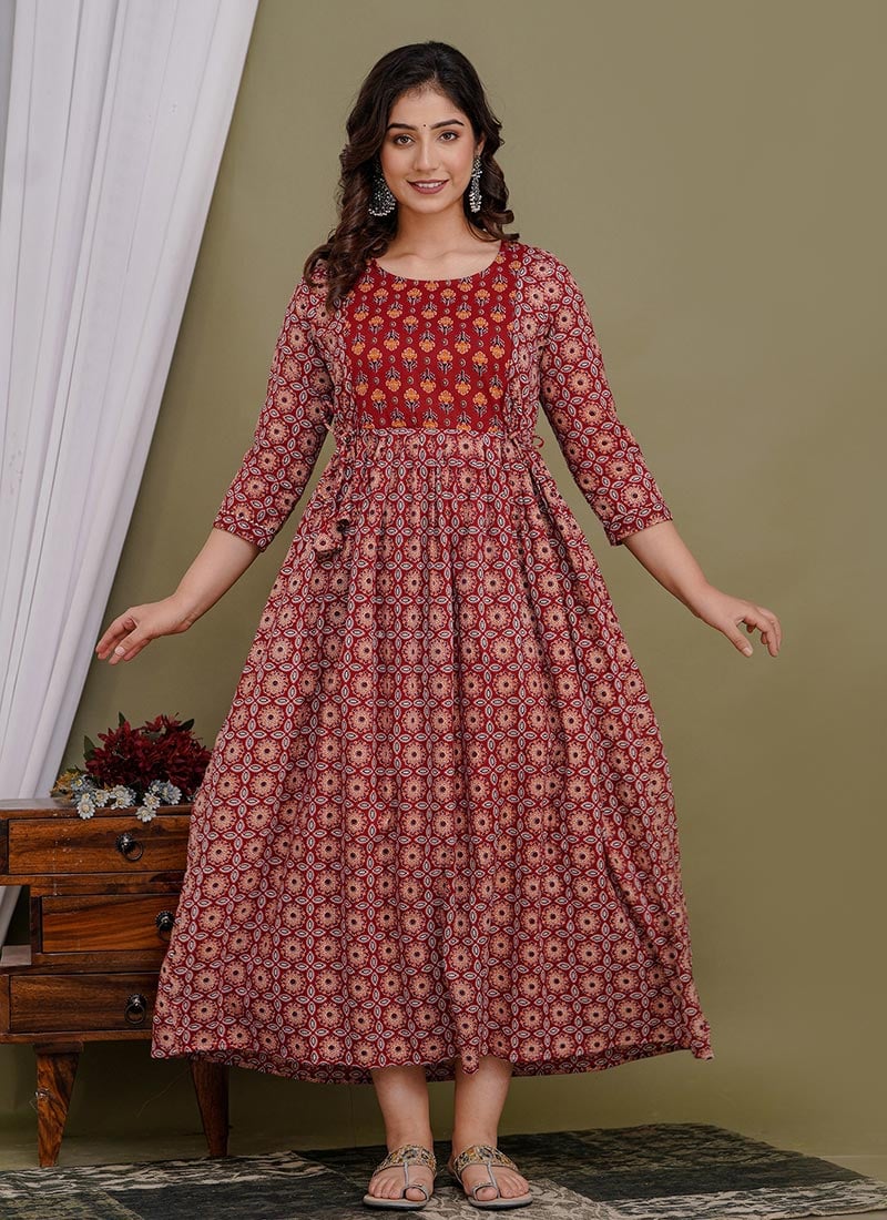 Maroon Cotton Printed Dress