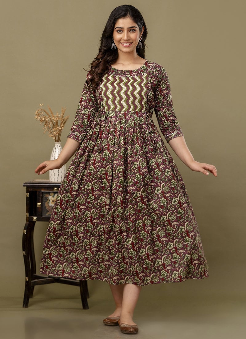 Maroon Cotton Printed Dress After Six Wear