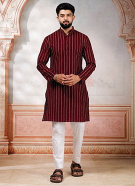 Maroon Cotton Printed Kurta Pyjama For Men