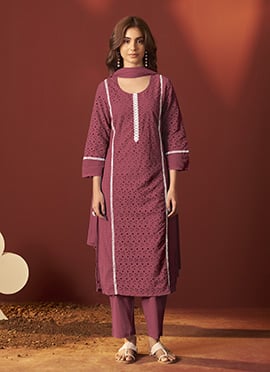 Maroon Cotton Schiffli Work Straight Pant Suit