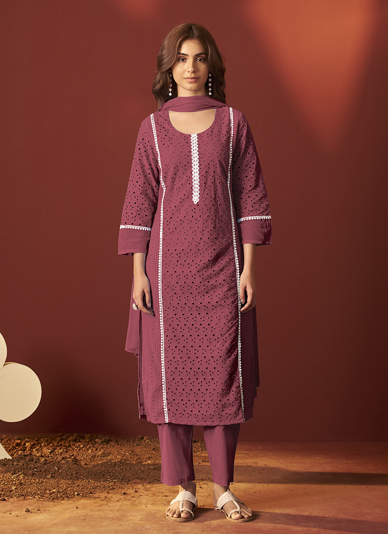 Maroon Cotton Schiffli Work Straight Pant Suit After Six Wear