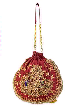 Maroon Cotton Sequins Moti Zari Potli