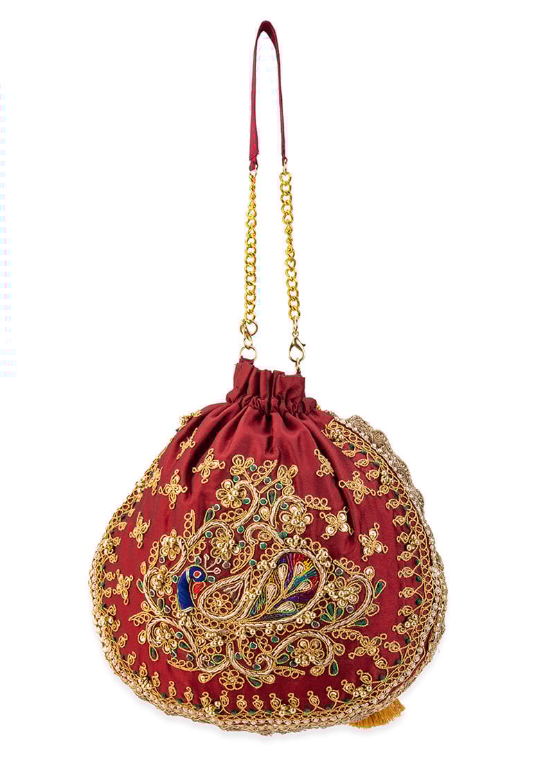 Maroon Cotton Sequins Moti Zari Potli