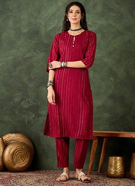 Maroon Cotton Silk Blend Zari Woven Kurta Straight Pant Set