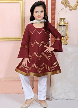 Maroon Cotton Silk Gota Lace Kids Girls Straight Pant Suit