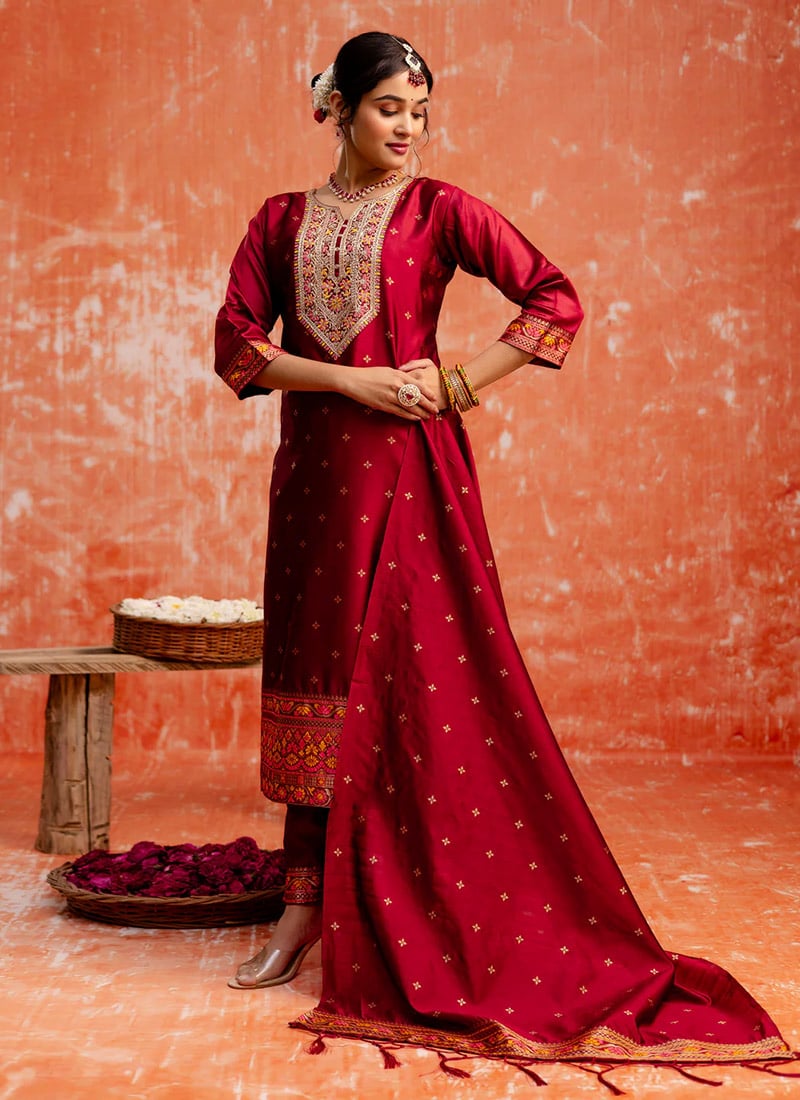 Maroon Cotton Silk Jacquard Embroidered Straight Pant Suit Festive Wear