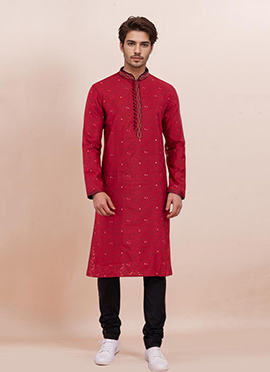 Maroon Cotton Silk Jacquard Kurta Pyjama