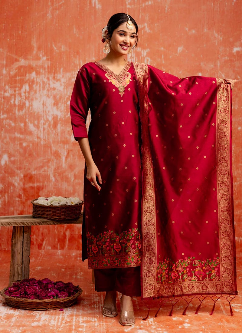 Maroon Cotton Silk Jacquard Meenakari Straight Pant Suit Festive Wear