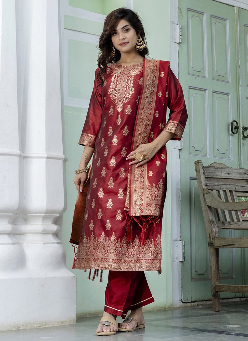 Maroon Cotton Silk Jacquard Straight Pant Suit Festive Wear