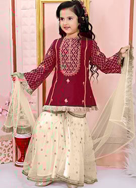 Maroon Cotton Silk Zari Embroidered Kids Girls Sharara Suit