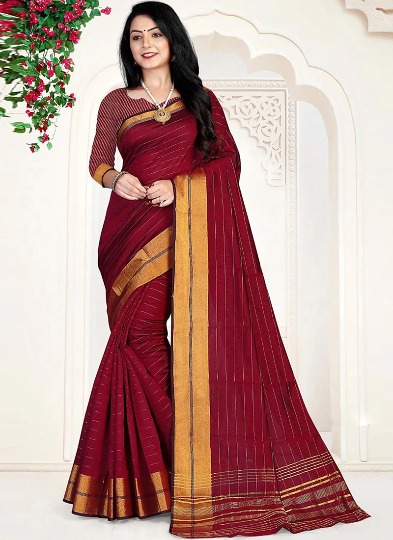 Maroon Cotton Silk Zari Weaving Saree 