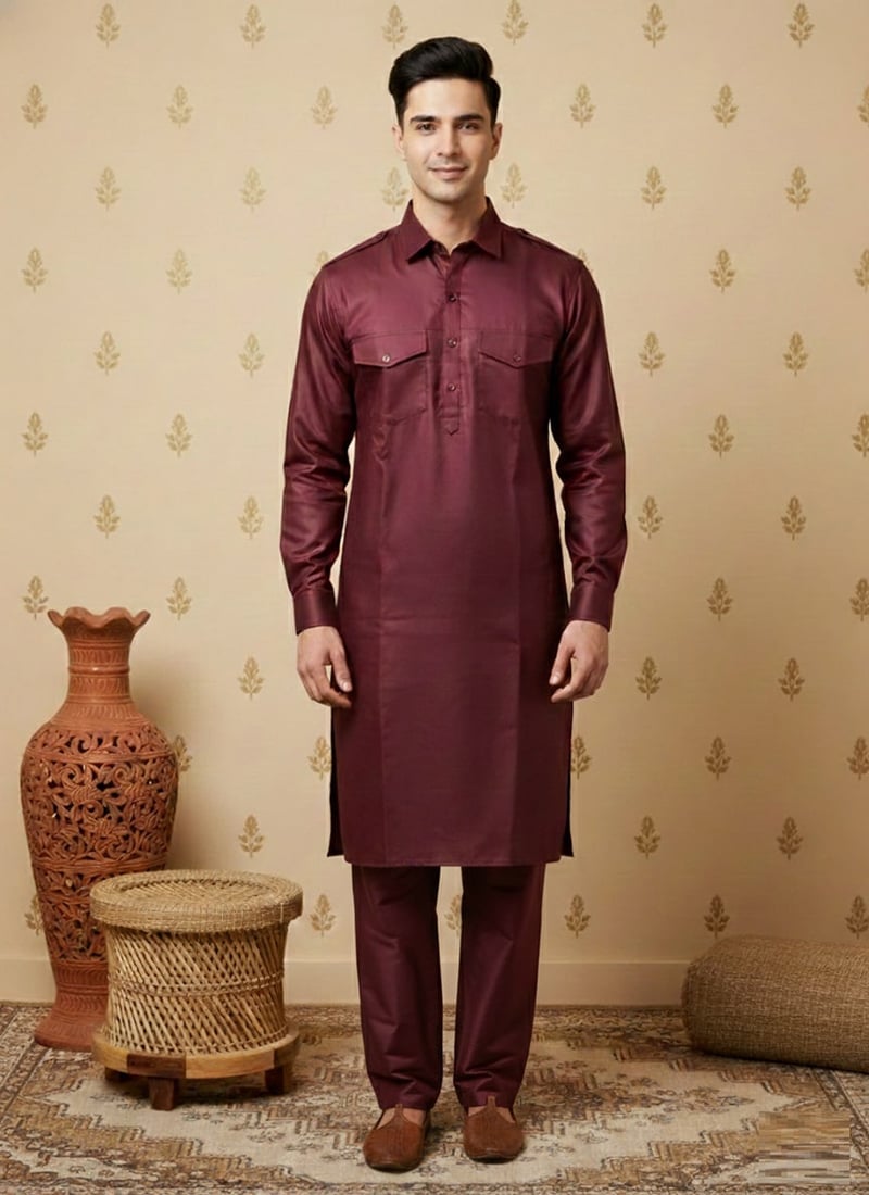 Maroon Cotton Solid Kurta Pyjama Festive Wear
