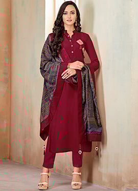 Maroon Cotton Straight Pant suit