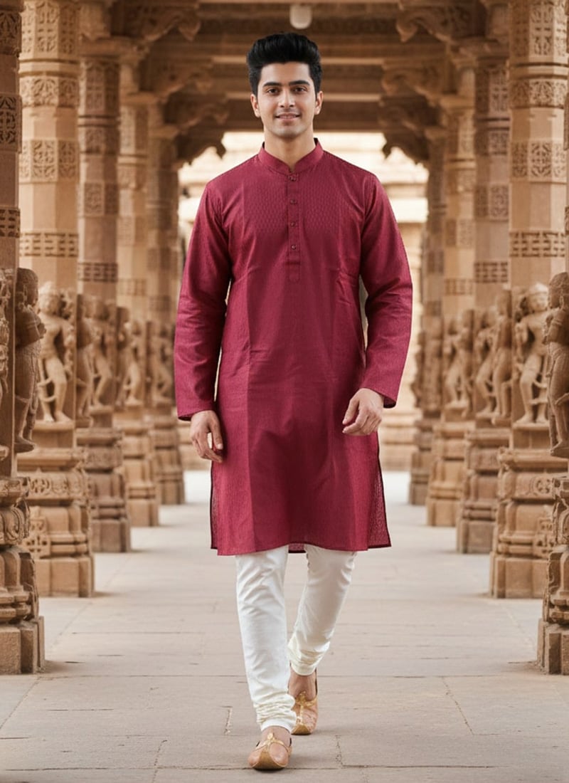 Maroon Cotton Textured Kurta Pyjama Festive Wear