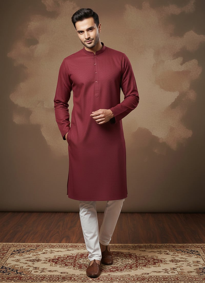 Maroon Cotton Textured Kurta Pyjama Festive Wear
