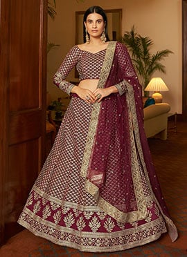 Maroon Crepe Embroidered N Sequins Umbrella Lehenga