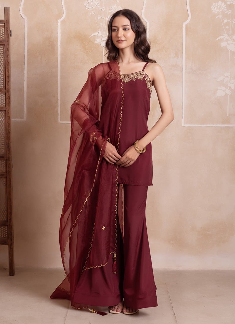 Maroon Crepe Embroidered Sharara Suit After Six Wear