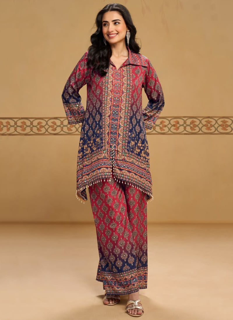 Maroon Crepe Ikat Printed Sequins Embroidered Kurta Palazzo Set Work Wear
