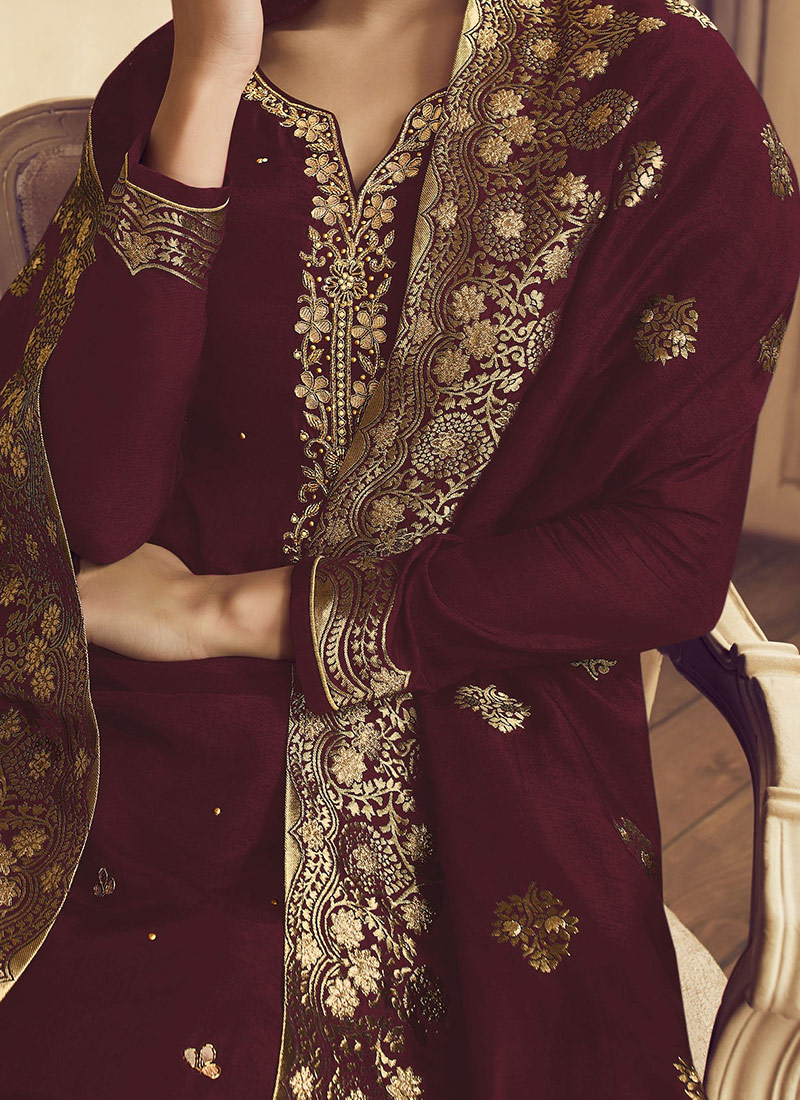 Maroon Printed Crepe Straight Suit Set With Trousers