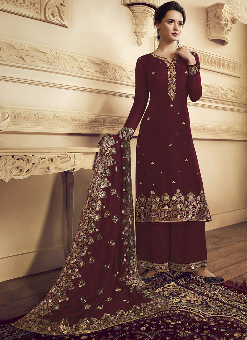 Maroon Crepe Palazzo Suit Party Wear