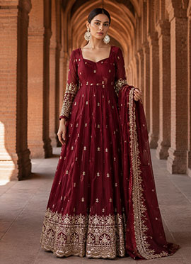 Maroon Crepe Silk Embroidered Palazzo Suit