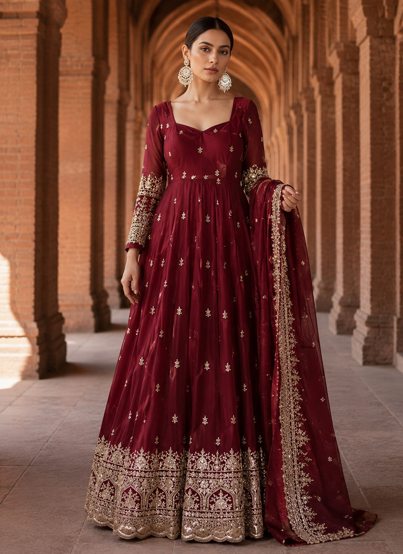Maroon Crepe Silk Embroidered Palazzo Suit After Six Wear