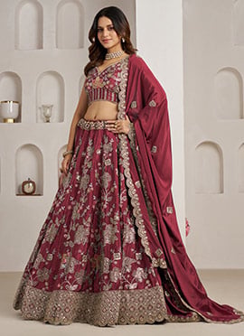 Maroon Crepe Silk Zari Embroidered Sequins Lehenga