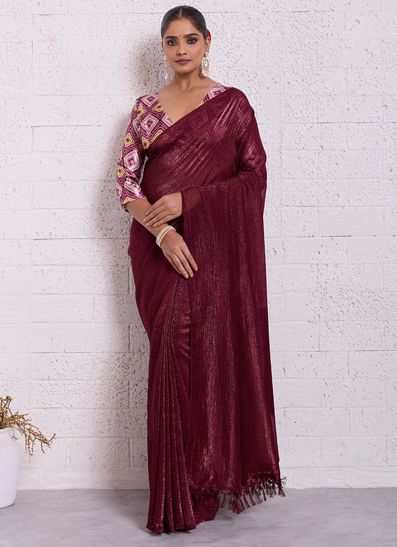 Maroon Crunchy Silk Digital Print Saree After Six Wear