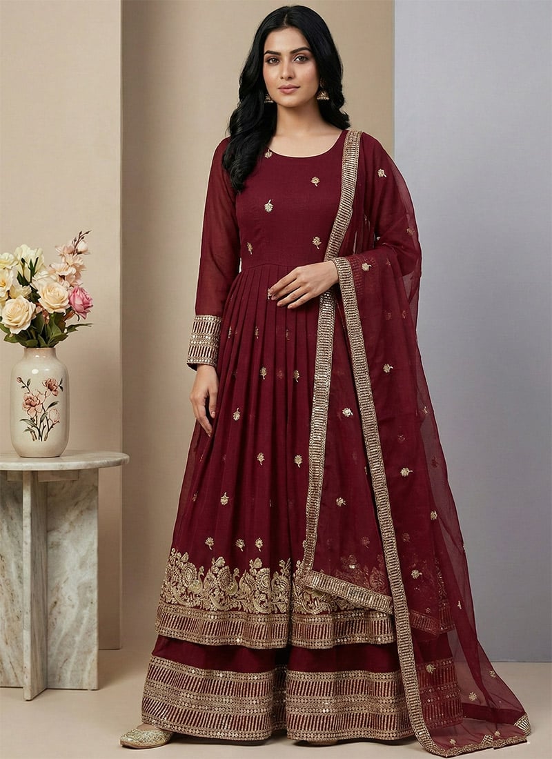 Maroon Crunchy Silk Embroidered Sequins Anarkali Suit Festive Wear