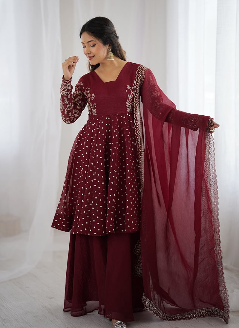 Maroon Crunchy Silk Embroidered Sequins Palazzo Suit Festive Wear
