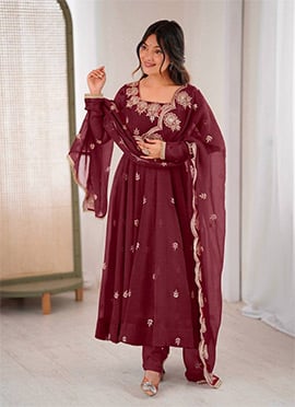 Maroon Crunchy Silk Sequins Embroidered Anarkali Suit