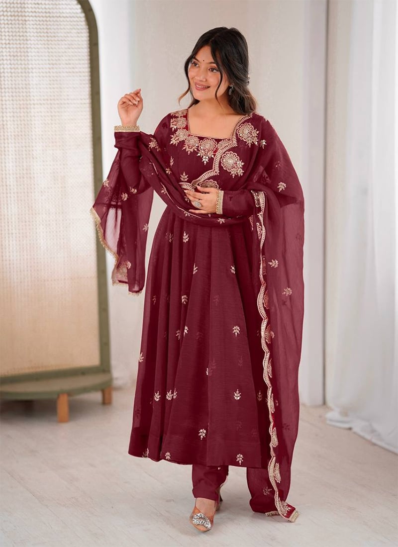 Maroon Crunchy Silk Sequins Embroidered Anarkali Suit Festive Wear