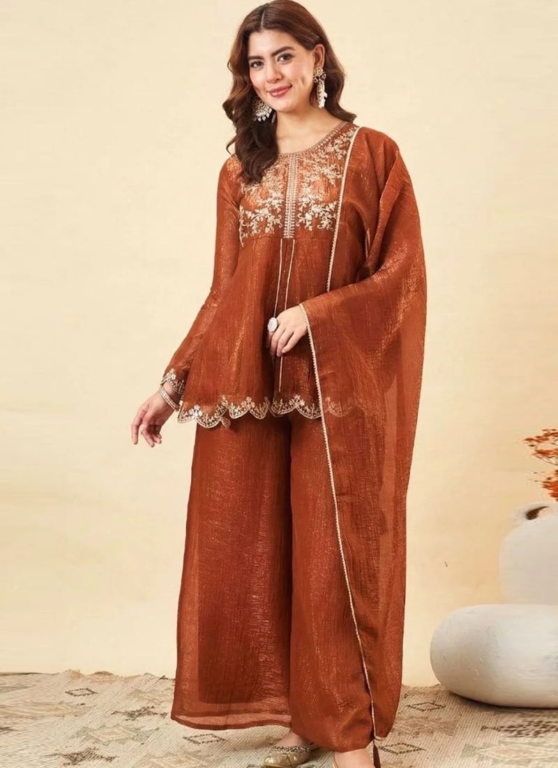 Maroon Crunchy Silk Sequins Zari Palazzo Suit After Six Wear