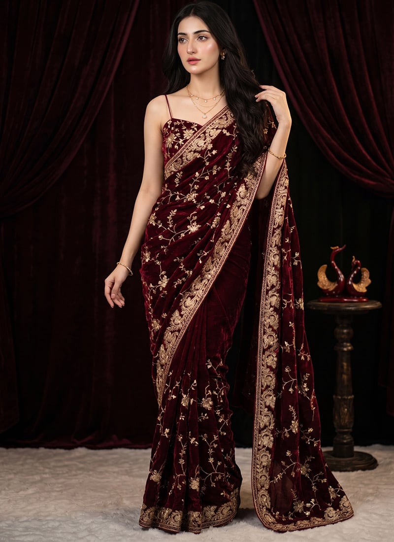 Maroon Crushed Silk Zari Sequins Floral Embroidered Saree Wedding Wear