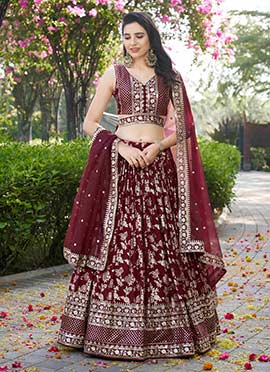 Maroon Dola Silk Jacquard Zari Embroidered Sequins Lehenga Wedding Wear