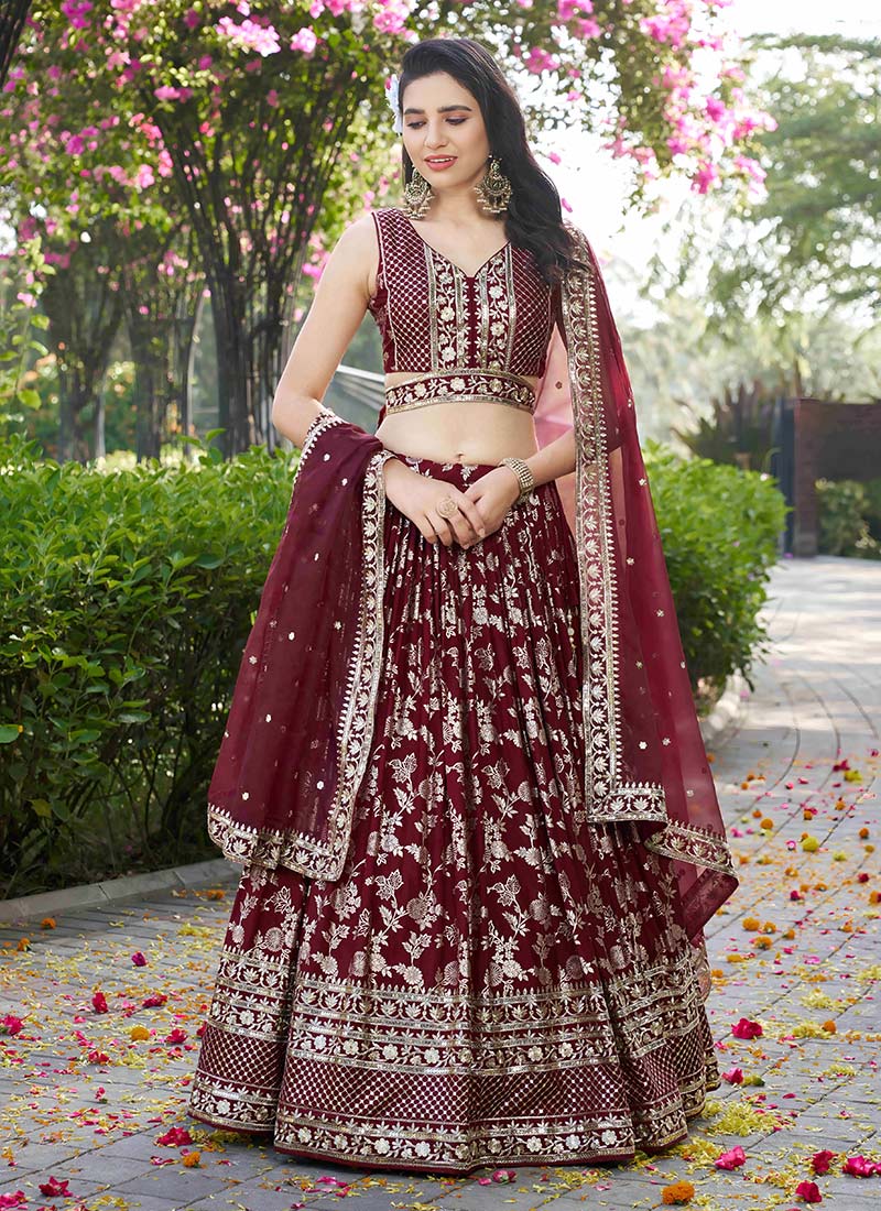 Maroon Dola Silk Jacquard Zari Embroidered Sequins Lehenga Wedding Wear