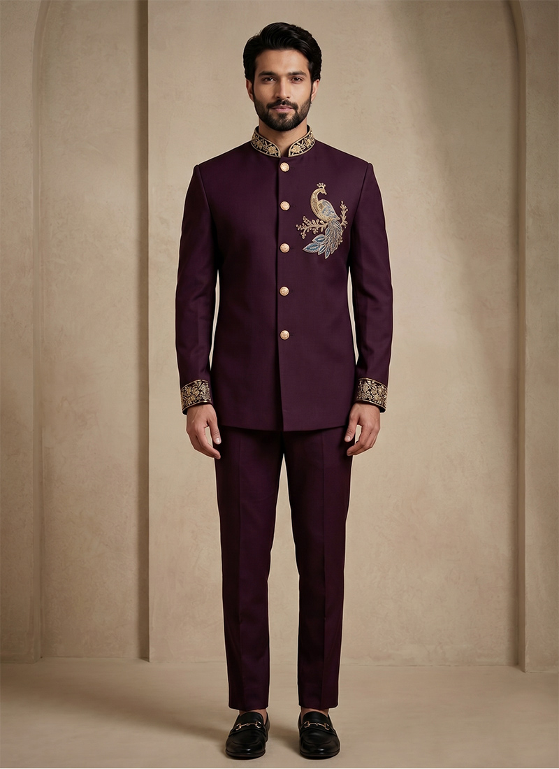 Maroon Doniar Satin Embroidered Beads Work Jodhpuri Suit Set Wedding Wear