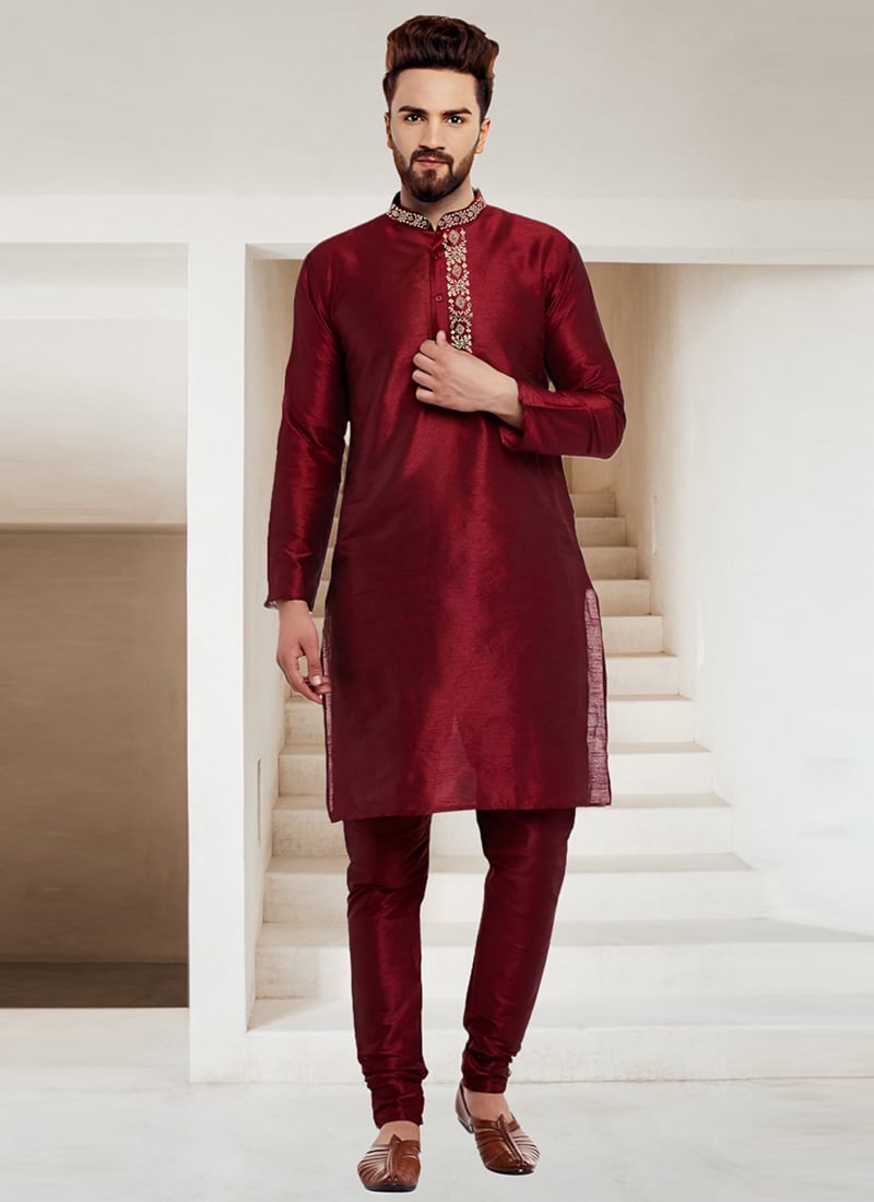 Maroon Dupion Embroidered Kurta Pyjama Festive Wear