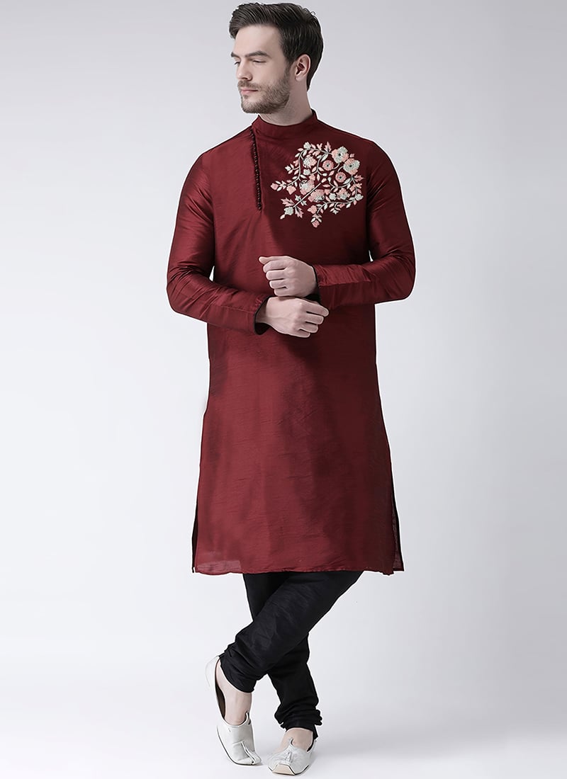 Maroon Dupion Embroidered Kurta Pyjama Festive Wear