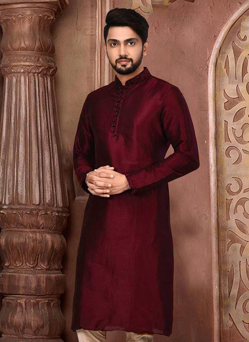 Maroon Dupion Silk Embroidered Kurta
