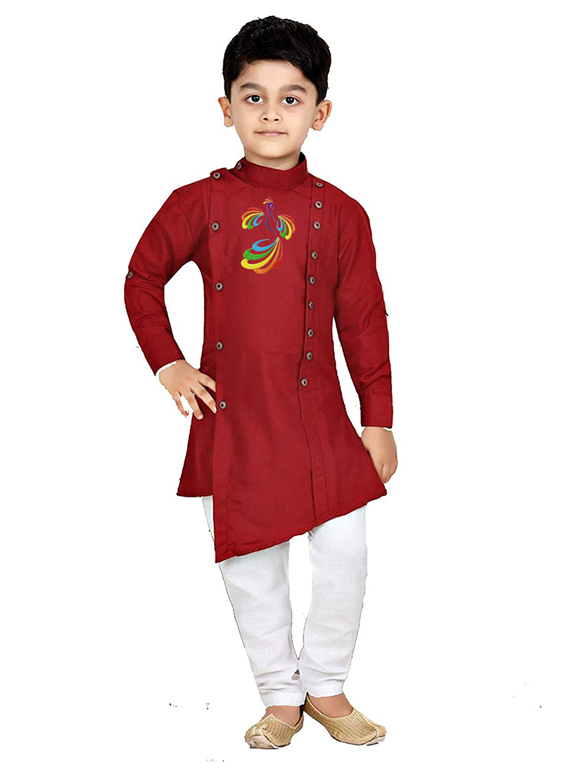 Maroon Dupion Silk Embroidered Kurta Pyjama 